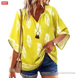 3/4 Sleeve V Neck Bohemian Peasant Blouse Loose Fit Tunic Top